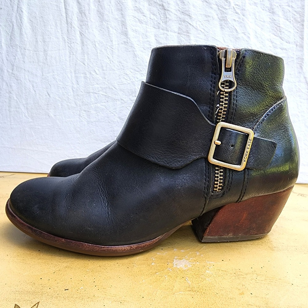 Kork‎ Ease Morosita 7 Black Leather Full Grain Heeled Buckle Boots Boho Western
